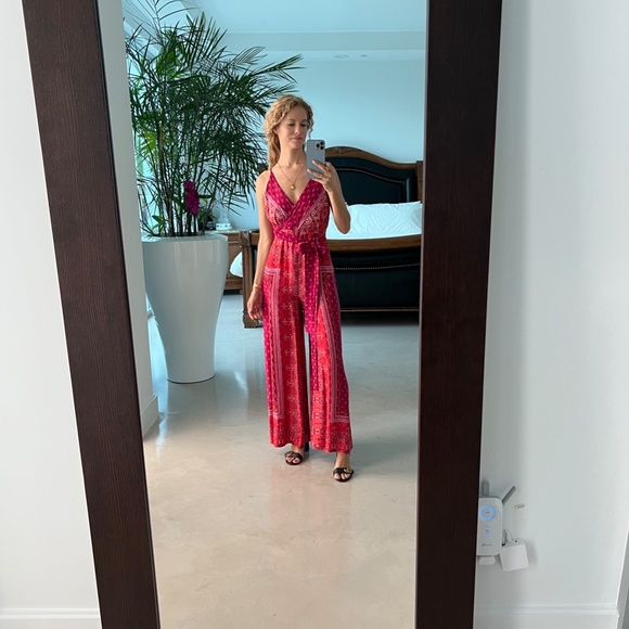 Long Red Jumpsuit Spaghetti Strap V-neck Asian Print Free People by Urban Outfit - Picture 5 of 8